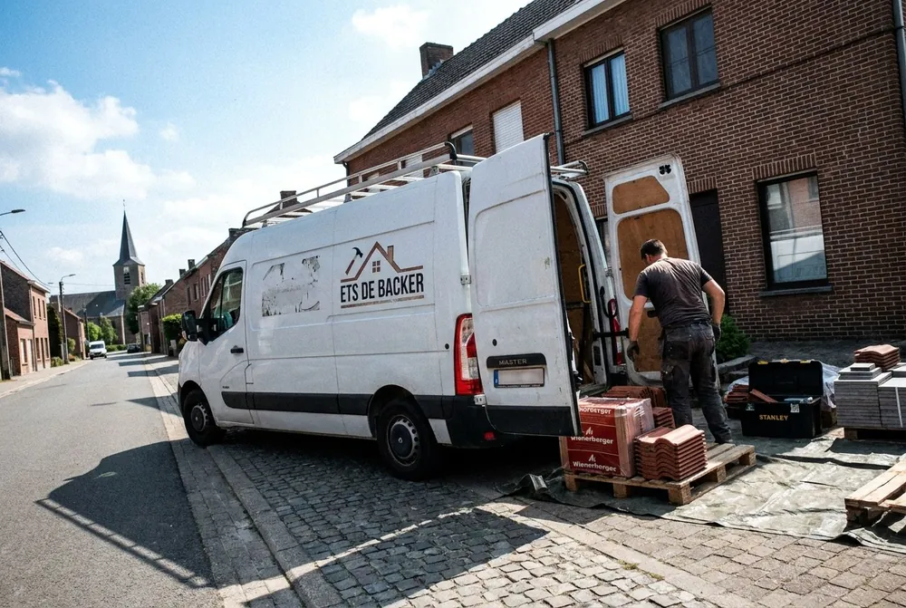 Bestelwagen van Ets De Backer in een straat in Kortenberg, pannen op palet