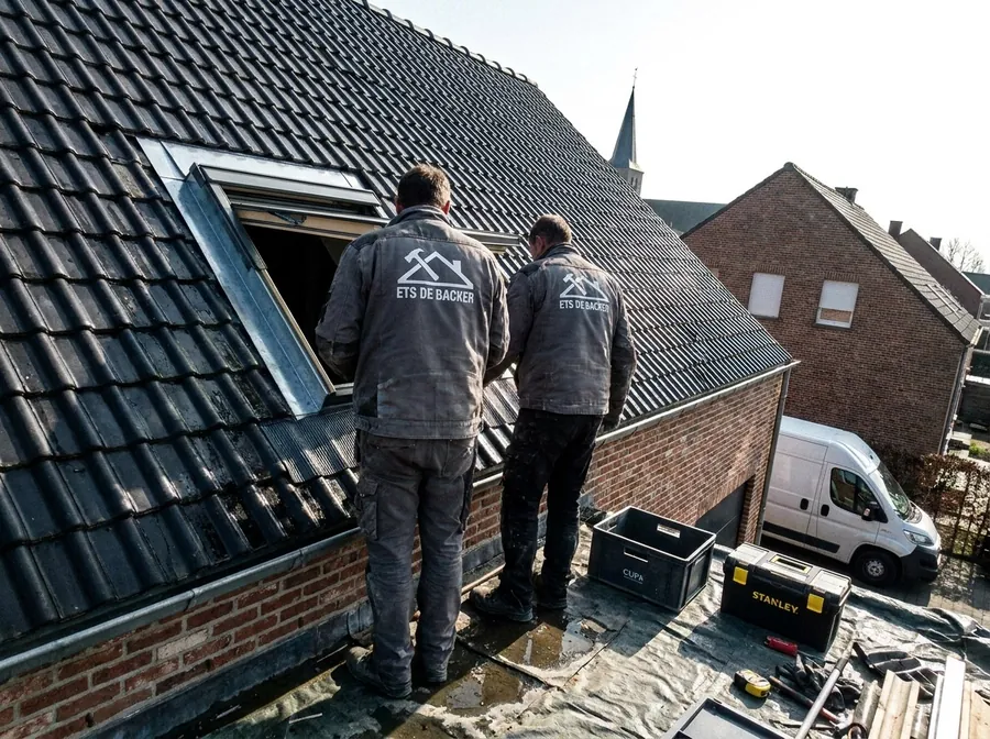 Dakwerkers van Ets De Backer plaatsen een dakraam in een pannendak