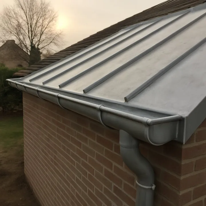 Zinken dak met staande naden en dakgoot op een aanbouw